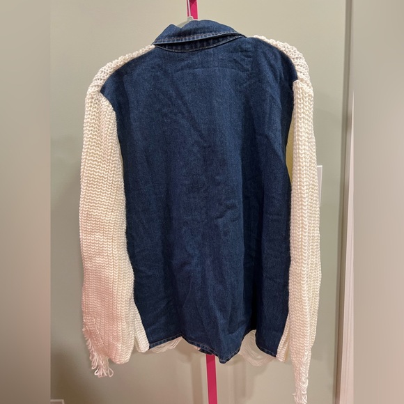 Hot & Delicious chunky knit denim cardigan with a white knit body and blue denim - Picture 6 of 8